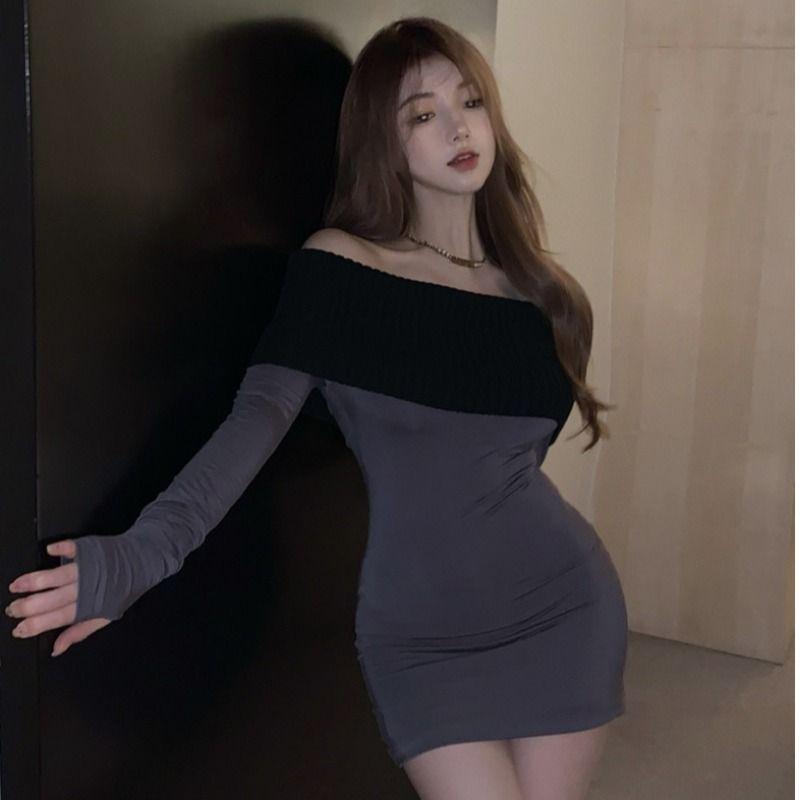Fashionable and chic off-shoulder long-sleeve dress for women, autumn and winter new Korean slim fit, hip-hugging short skirt
