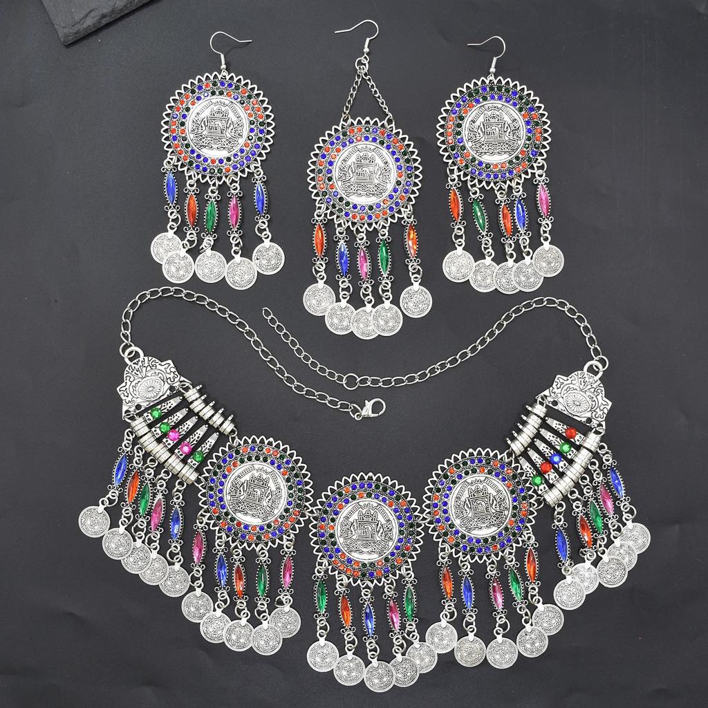3pcs Indian Afghan Zircon Sets Necklace Earrings Hairbands for Women Boho Ethnic Coins Tassels Colorful Crystal Drop Accessory