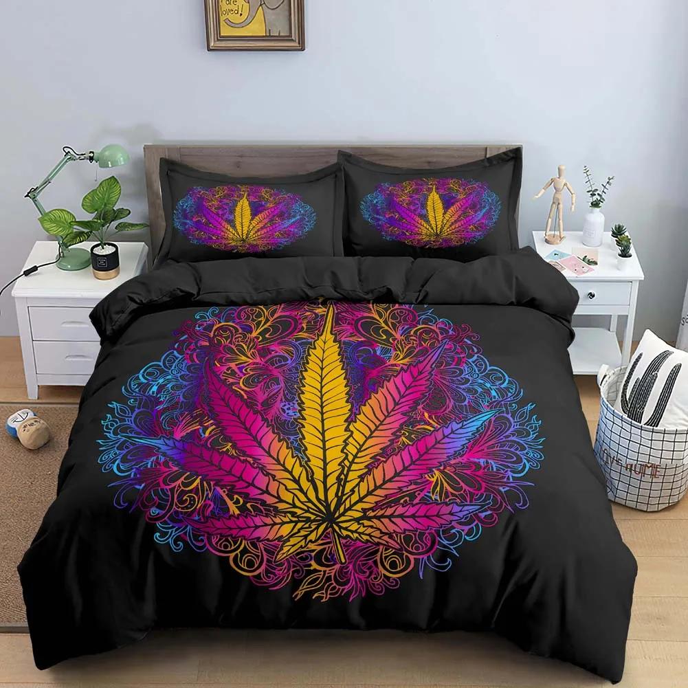 Maple Leaves King Queen Bedding Set Psychedelic Weed Leaf Duvet Cover Colorful Stripes 2/3Pcs Polyester Quilt Cover