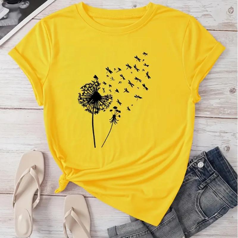 T-shirt à col rond imprimé pissenlit, T-shirt décontracté à manches courtes pour le printemps et l'été, Vêtements pour femmes