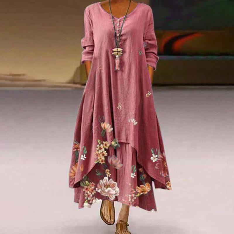 Women's Fashion Floral Print Long Sleeve Dress Ladies Round Neck Double Layer Maxi Dresses Casual Loose Dress Plus Size XS-5XL