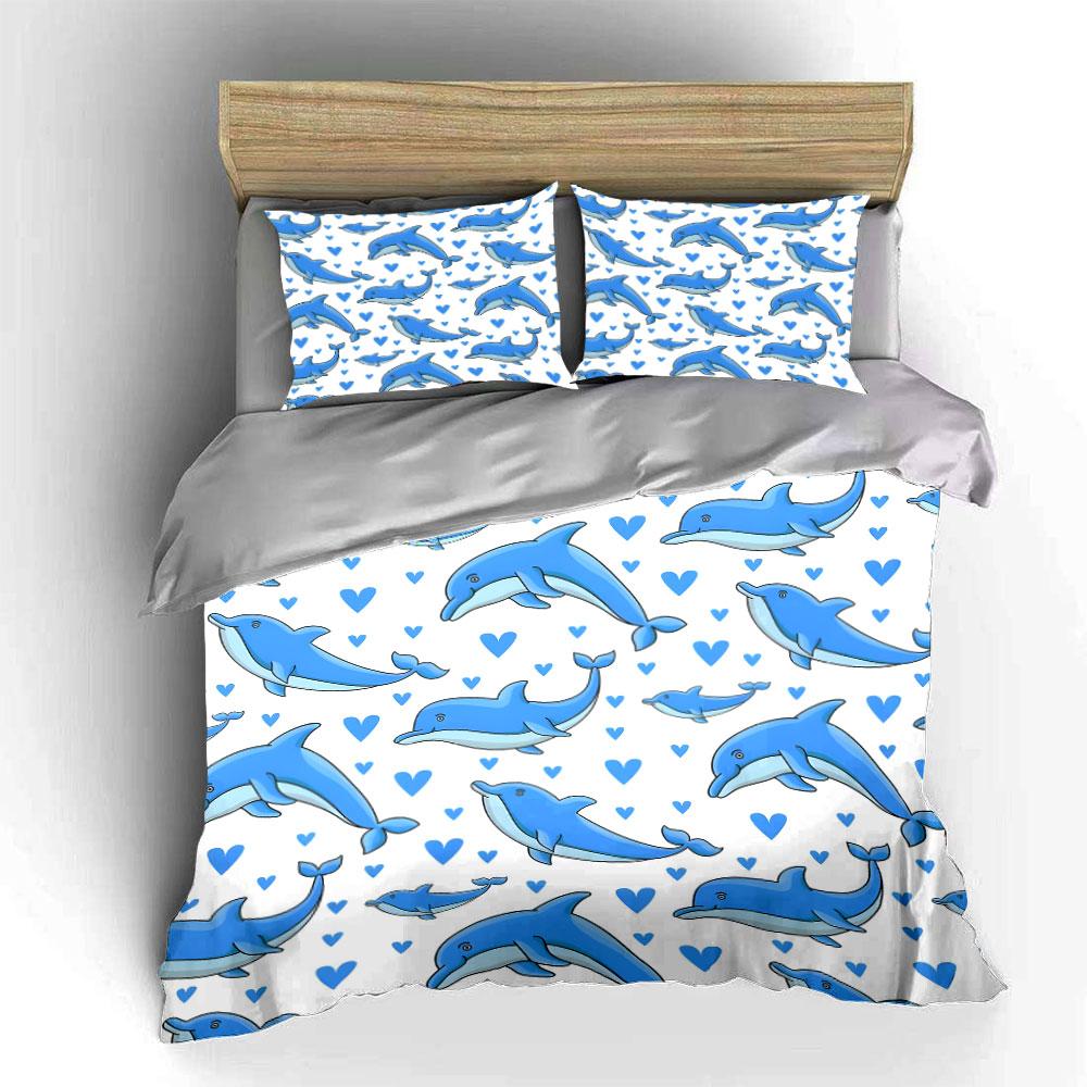 Blue Dolphins And Heart Pattern Printed Duvet Cover Set1 Duvet Cover+2 Pillowcasemulti Size Bedroom Bedding Decor Luxury Gifts