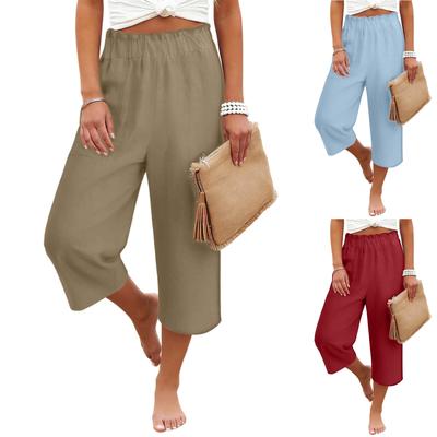 Women Elastic High Waist Pant Casual Fit Wide Leg Long Pants Trousers With Pockets