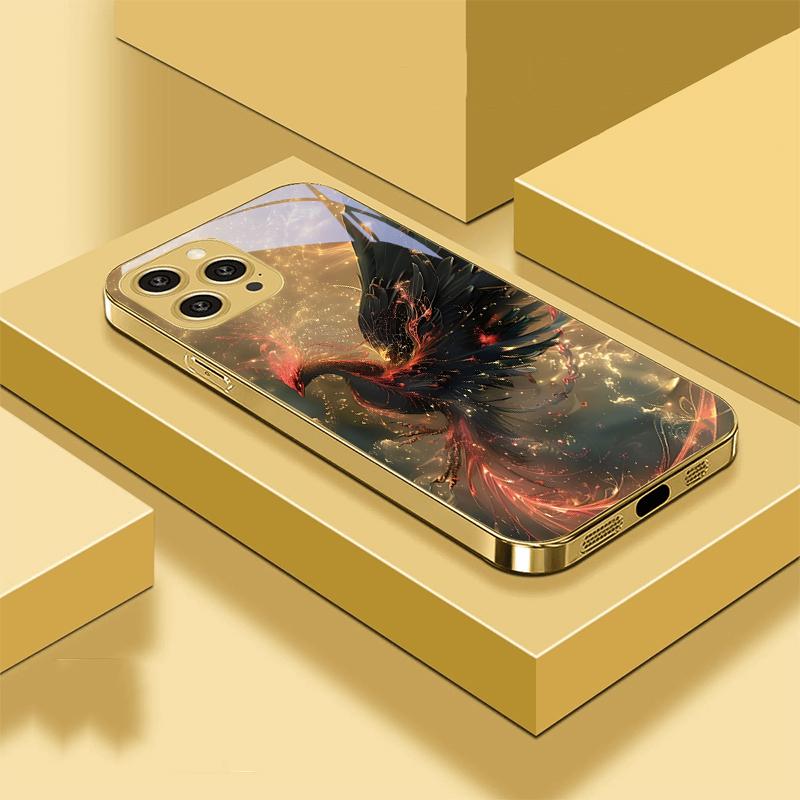 Złoty Feniks Rozwijający się Dla IPhone 16 Pro Max 15 P Ro 14 13 Plus 12 Mini 11Pro Max XS Max XR Złote Hartowane Szkło Etui na Telefon