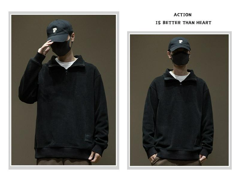 Men's Corduroy Half-High Collar Zipper Hoodie - Warm, Loose, Casual, Plus Velvet, Trendy Autumn/Winter Outerwear Sports Top