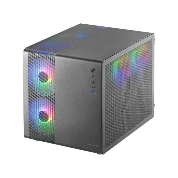 Mars gaming mc-400 noir, boîtier gaming compact micro-atx, fenêtre latérale complète verre trempé, 3x ventilateurs frgb 120mm,