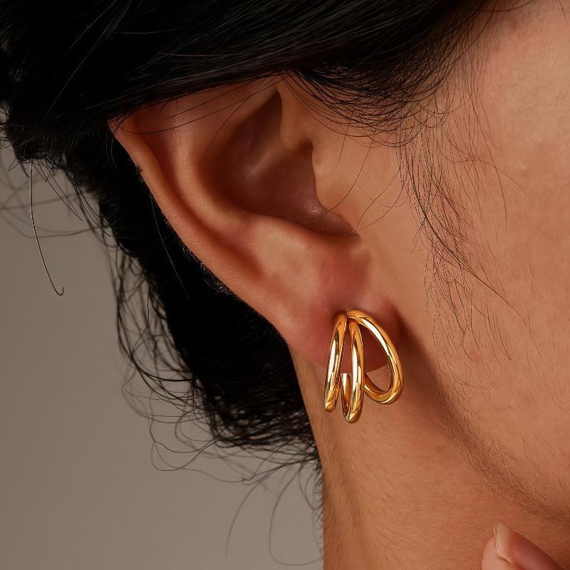 1 Pair Chunky Multi Layered Hoop Titanium Steel Stud Earrings For Women Gold Silver Korean Style Vintage Gift
