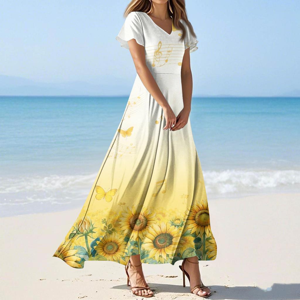 Women's Summer Casual Fashion Print Color Dresses V-Neck Short Sleeve Dresses