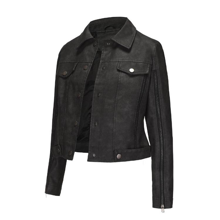 Women Leather Jacket Slim Fit Pu Zipper Outerwear Long Sleeve Lapel Collar for Fall Winter