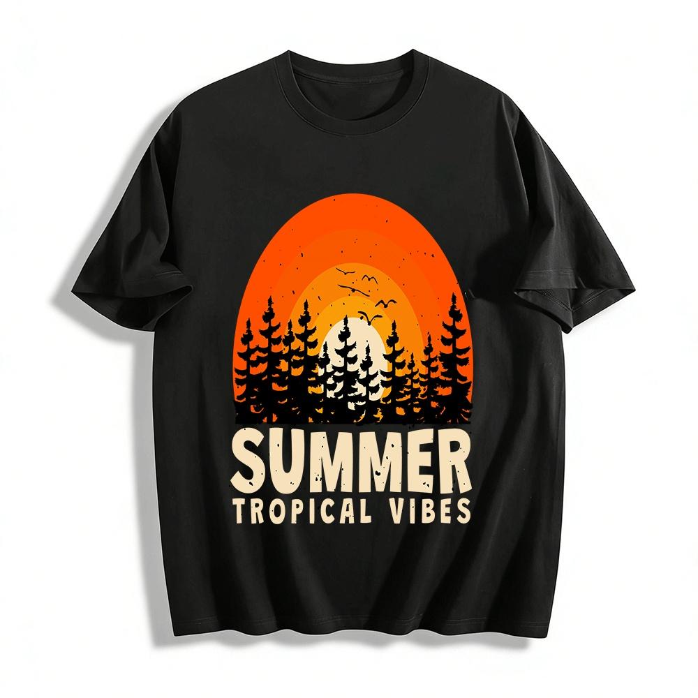 Vintage Sunset Forest Print Tee Summer Tropical Vibe Casual Top Pure cotton T-shirt