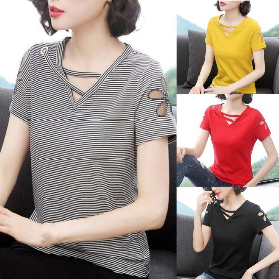 Women T-shirt V Neck Hollow Out Summer Short Sleeve Loose Blouse for