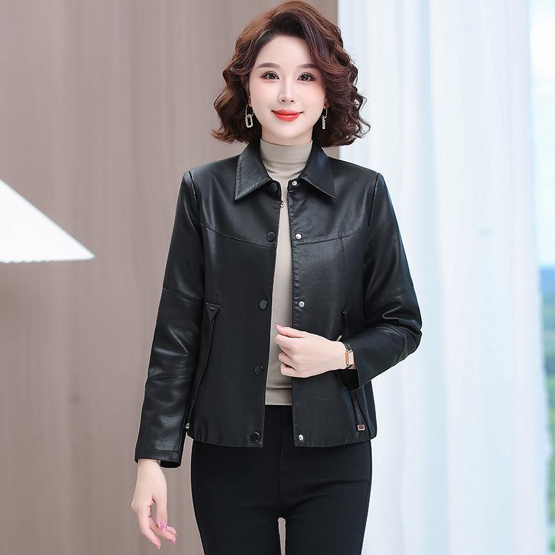 

Женская куртка из искусственной кожи на весну 2025 года - Короткая, Повседневный, Универсальный стиль для мам среднего возраста XL for 90-110 jin