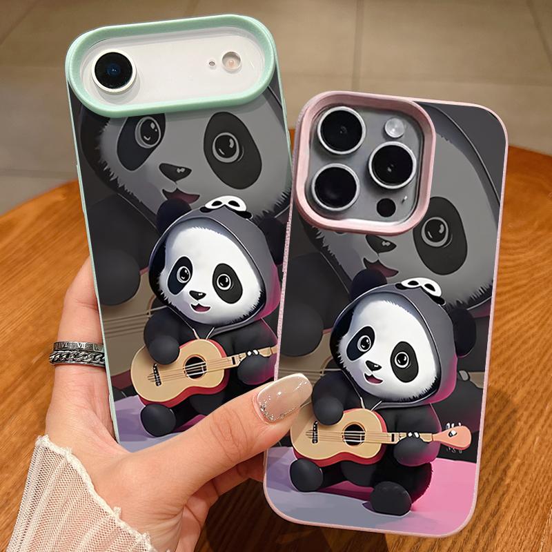 Guitar-playing Panda Pattern Case For iPhone 17 Pro Max Funda iPhone 16 Pro Max 15 14 13 12 11 Air 16E Leather Texture Silicone Cover
