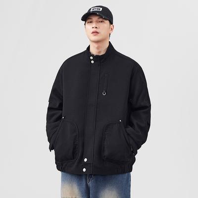 Season Black Stand-Up Collar Jacket Men'S Loose Large Size Plaid Trendy Brand Youth Versatile Casual Jacket Trend