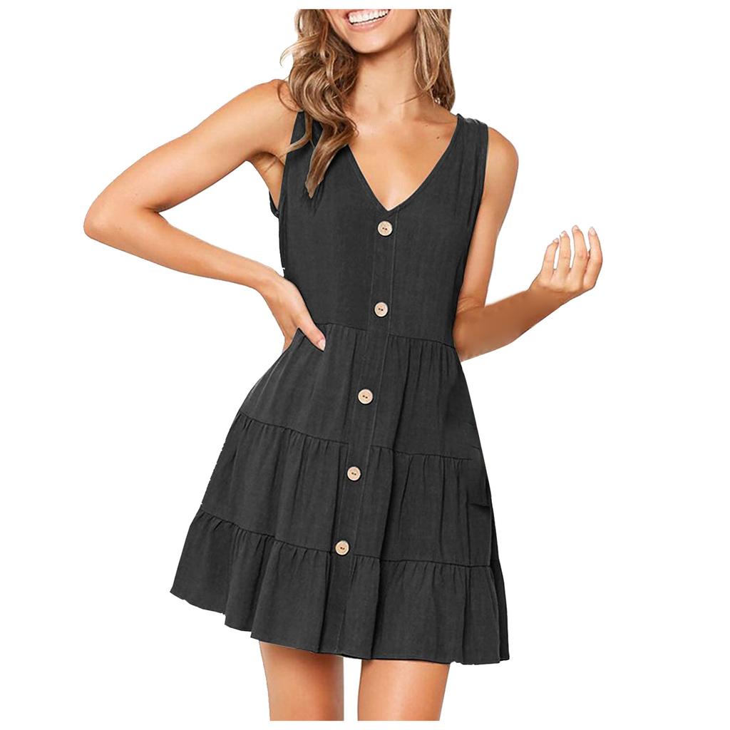 Fashion Women's Color V-neck Sleeveless Leisure Time Button Dress
