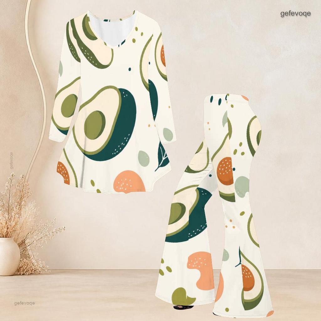 Women Plus Size Round Neck Three Quarter Sleeve Printed Flared Top Flared Pants Two Piece Set