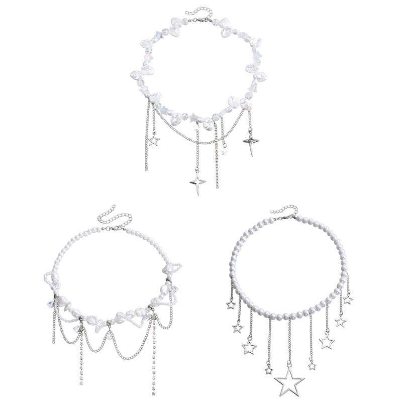 Elegant Pearls Necklace with Chain Star Clavicle Chain Adjustable Choker Neck Jewelry for Wedding Party Special Occasion