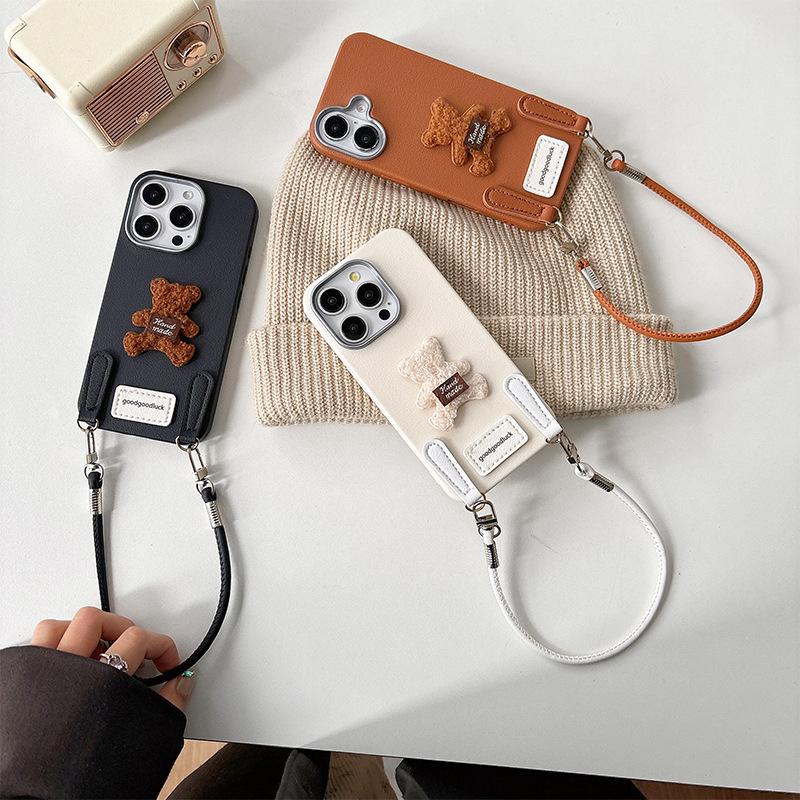 Plush Bear Goodluck Mobile Phone Case Is Suitable For Apple 16Promax Silicone Tpu Imitation Leather Iphone15 Rope.