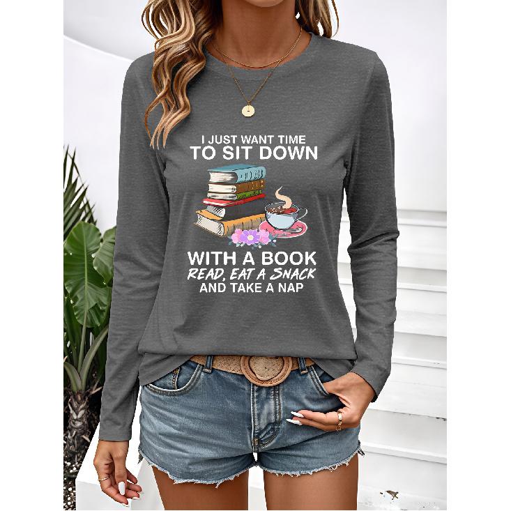 New long-sleeved women's tops for spring, autumn, and winter Reading coffee fun print, simple, stylish, elegant, casual, vintage style, new pattern,
