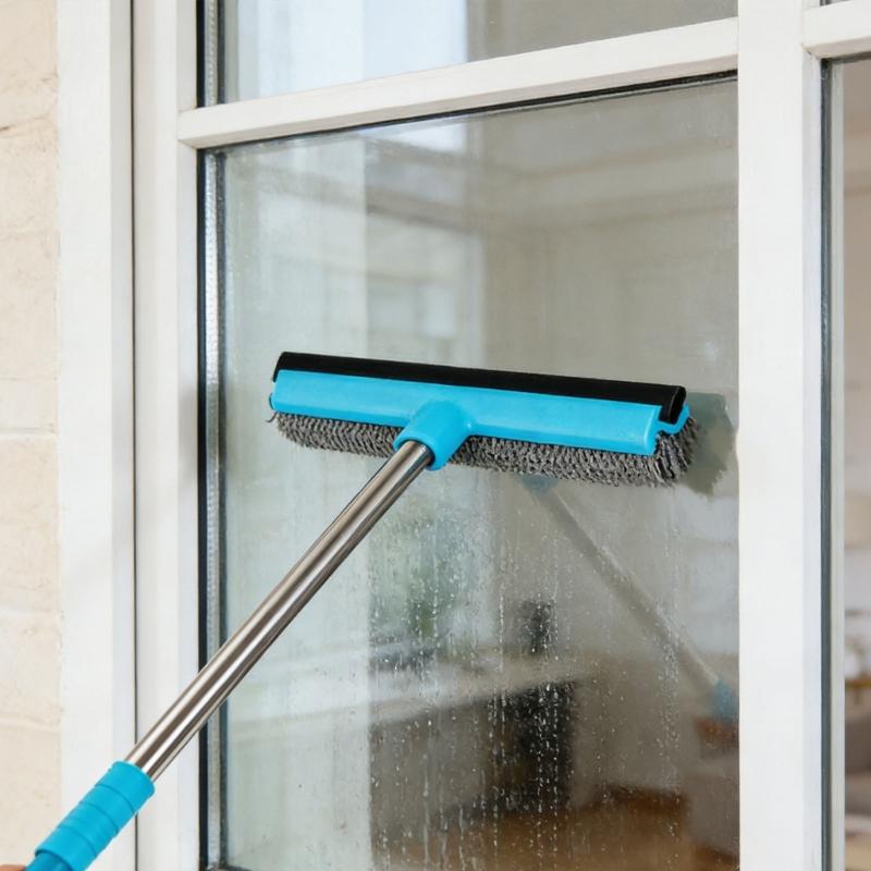 Extendable Glass Cleaner Tool Having Soft Rubber Wiper And Brush For Mirrors Cars