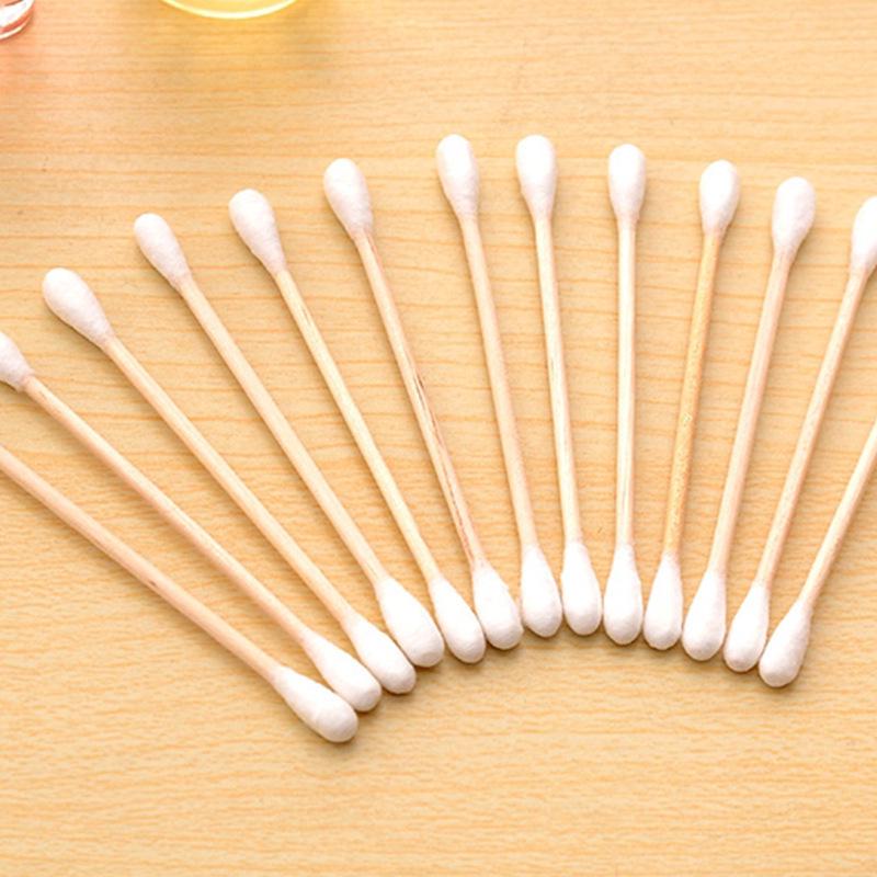 Dual-Ended Cotton Swabs for Ear Cleaning & Makeup Removal - Pointed Wooden Sticks & Disposable Cotton Balls