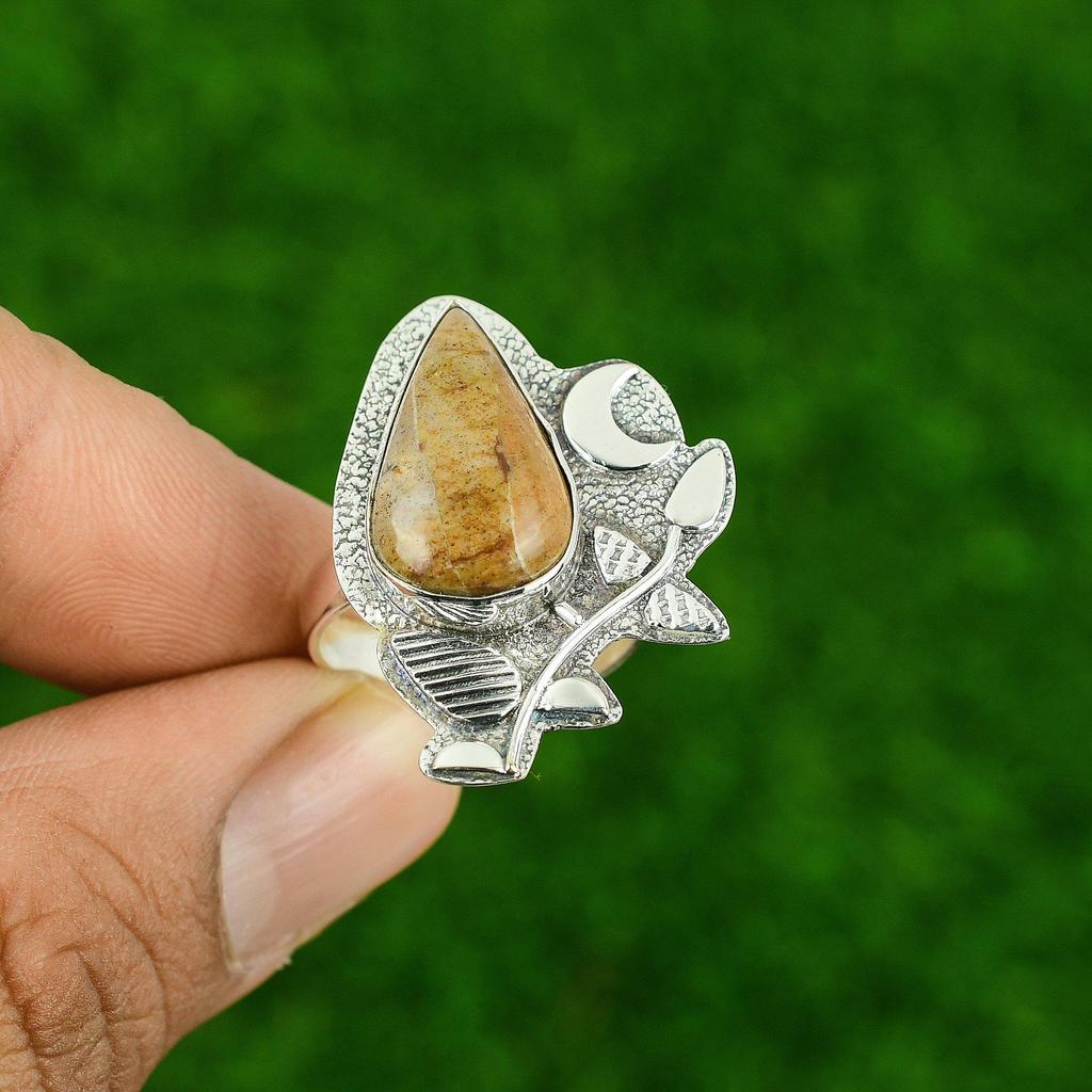 Sterling Silver Natural Picture Jasper Engagement Wife Stackable Ring Jewelry