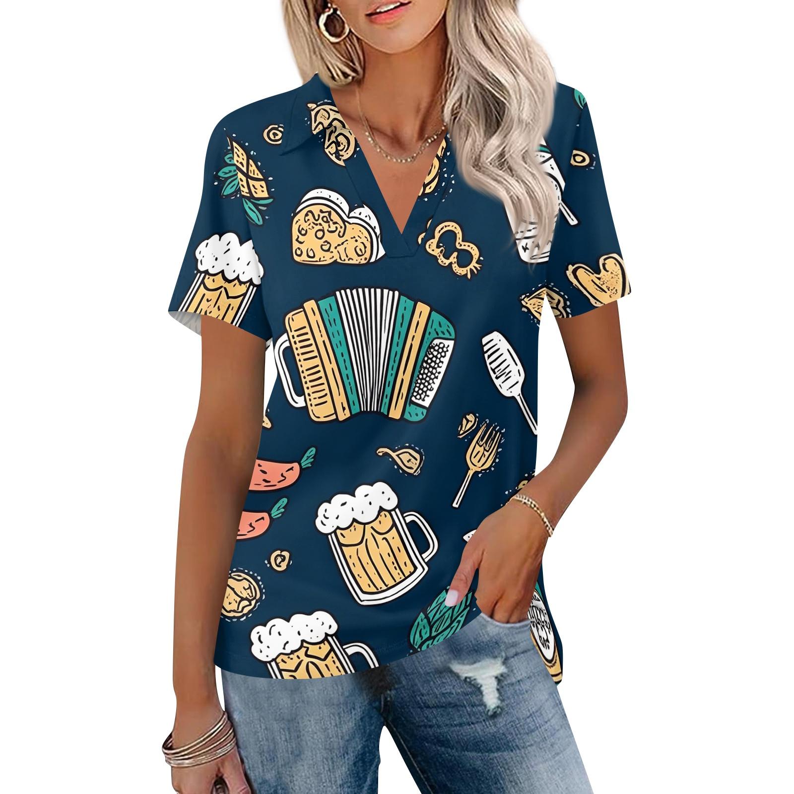 

Women V Neck Short Sleeve Collared Top with Mug Print Relaxed Fit Casual Blouse for Everyday Wear and Festival Outfits M синий
