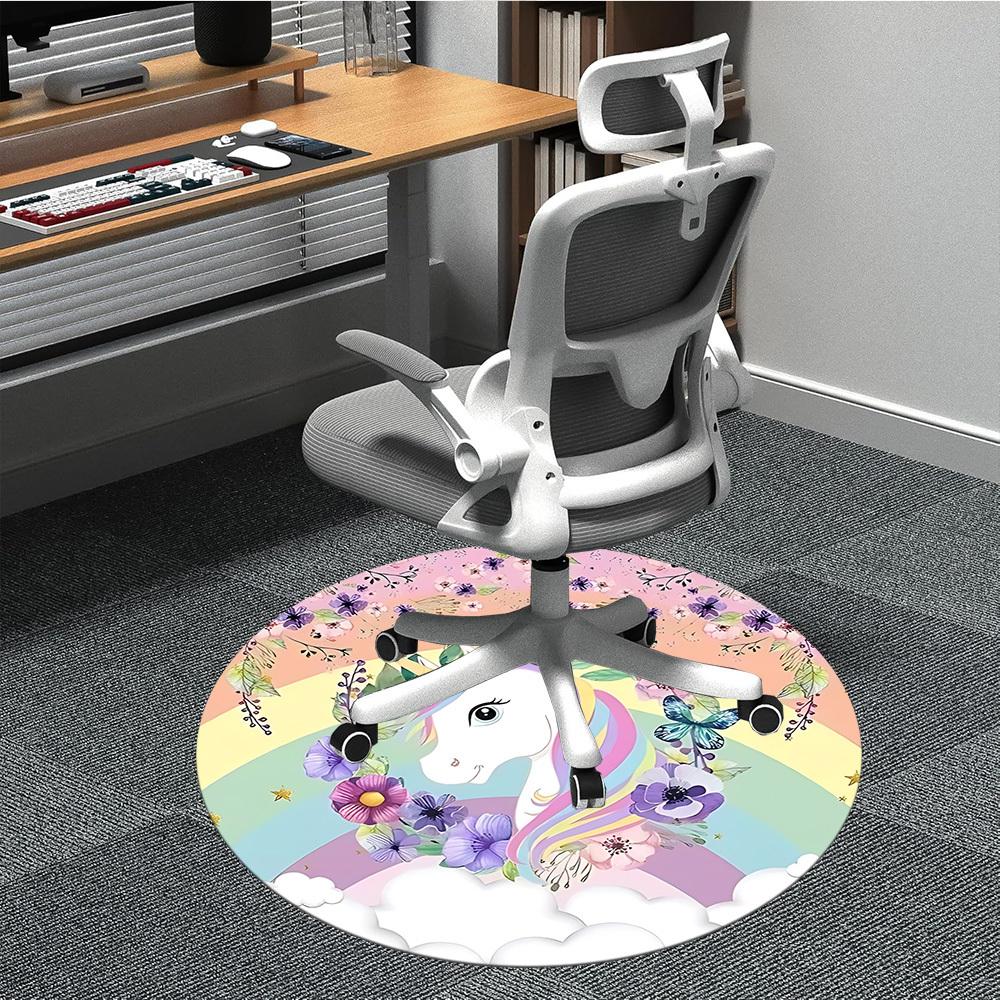 1pc Unicorn Rainbow Flowers Chair Carpet for Office, Round Polyester Mat, Indoor Decor for Office, Easycare Fabric, Washable Non-slip Area Carpet