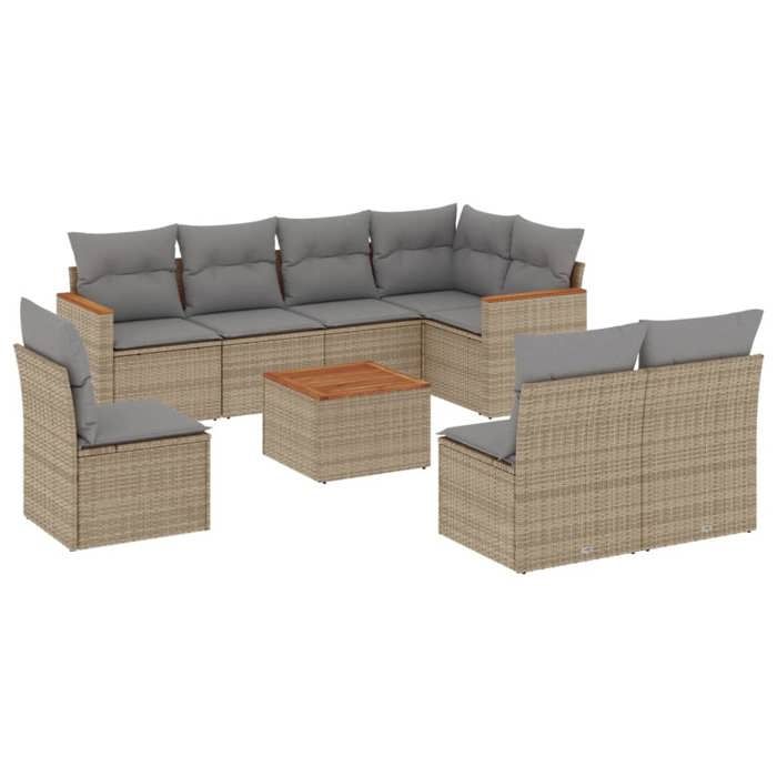 VidaXL Salon de Jardin avec Coussins 9 pcs, Canapés de Terrasse, Ensemble de Meubles de Patio, Mobilier d'Extérieur, Beige 3258454