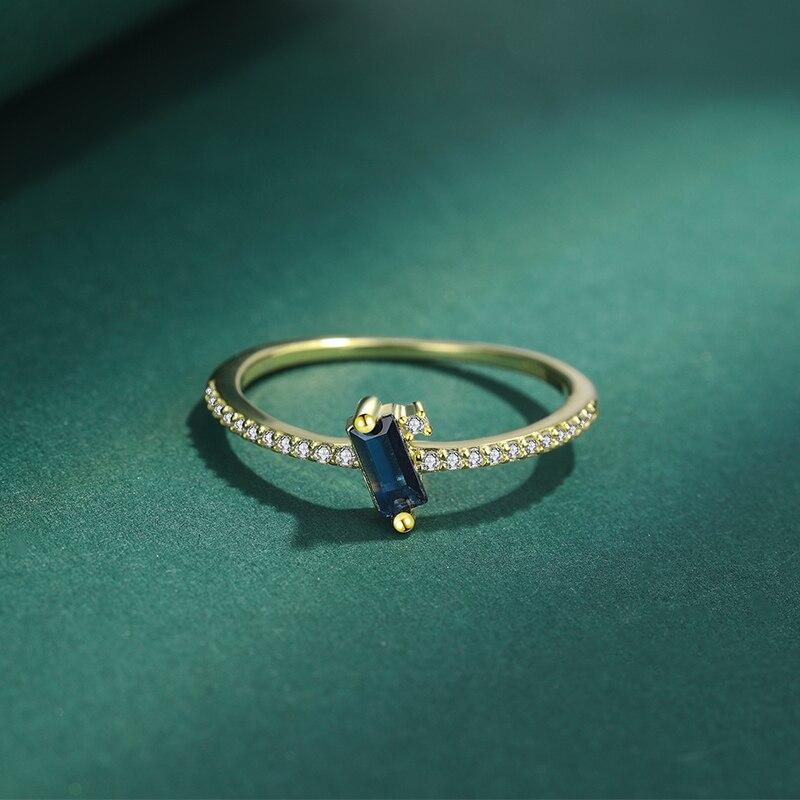 Bague classique en or 18 carats pour femmes, Baguette en saphir profond, diamant complet, bleu foncé, bijoux originaux en argent Sterling 925, cadeau