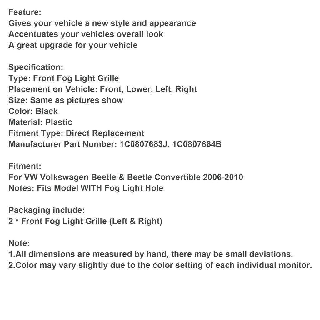 Front Bumper Fog Light Grille Fit VW Volkswagen Beetle & Beetle Convertible