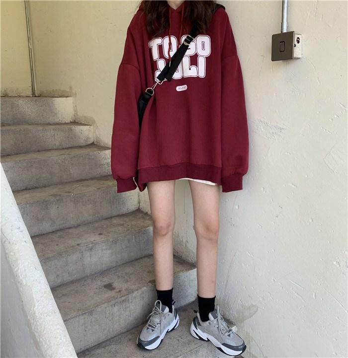 Women Long Sleeve Hooded O Neck Loose Pullovers Female Tops Solid Color Sweatshirts