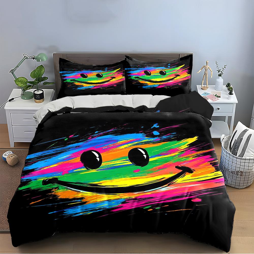 Colorful Smiley Face Bedding Set Black Bedding Set (1 Duvet Cover, 2 Pillowcases, Duvet Not Included)