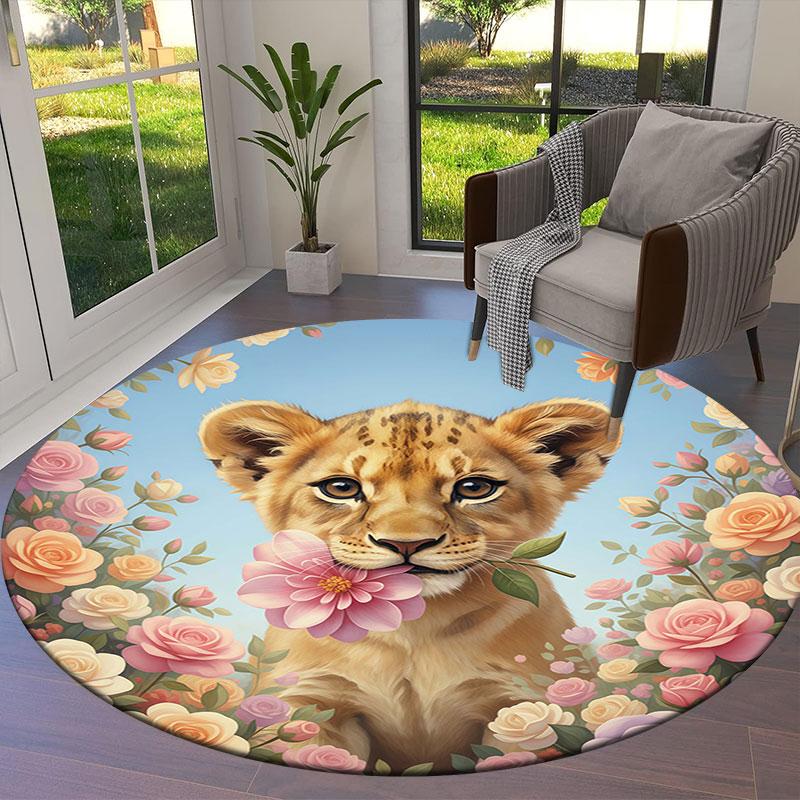 Cuteflowersanimals Round Area Rug,Carpet Rug for Living Room Bedroom Sofa Playroom Decor,Non Slip Floor Mat