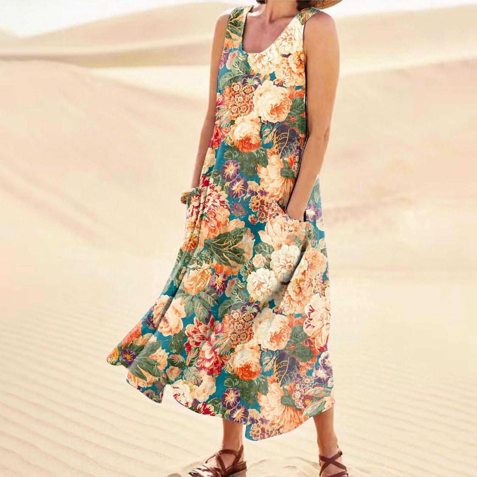 

Модное летнее повседневное удобное хлопковое платье без рукавов с цветочным принтом и карманным пляжным платьем для женщин XL жёлтый