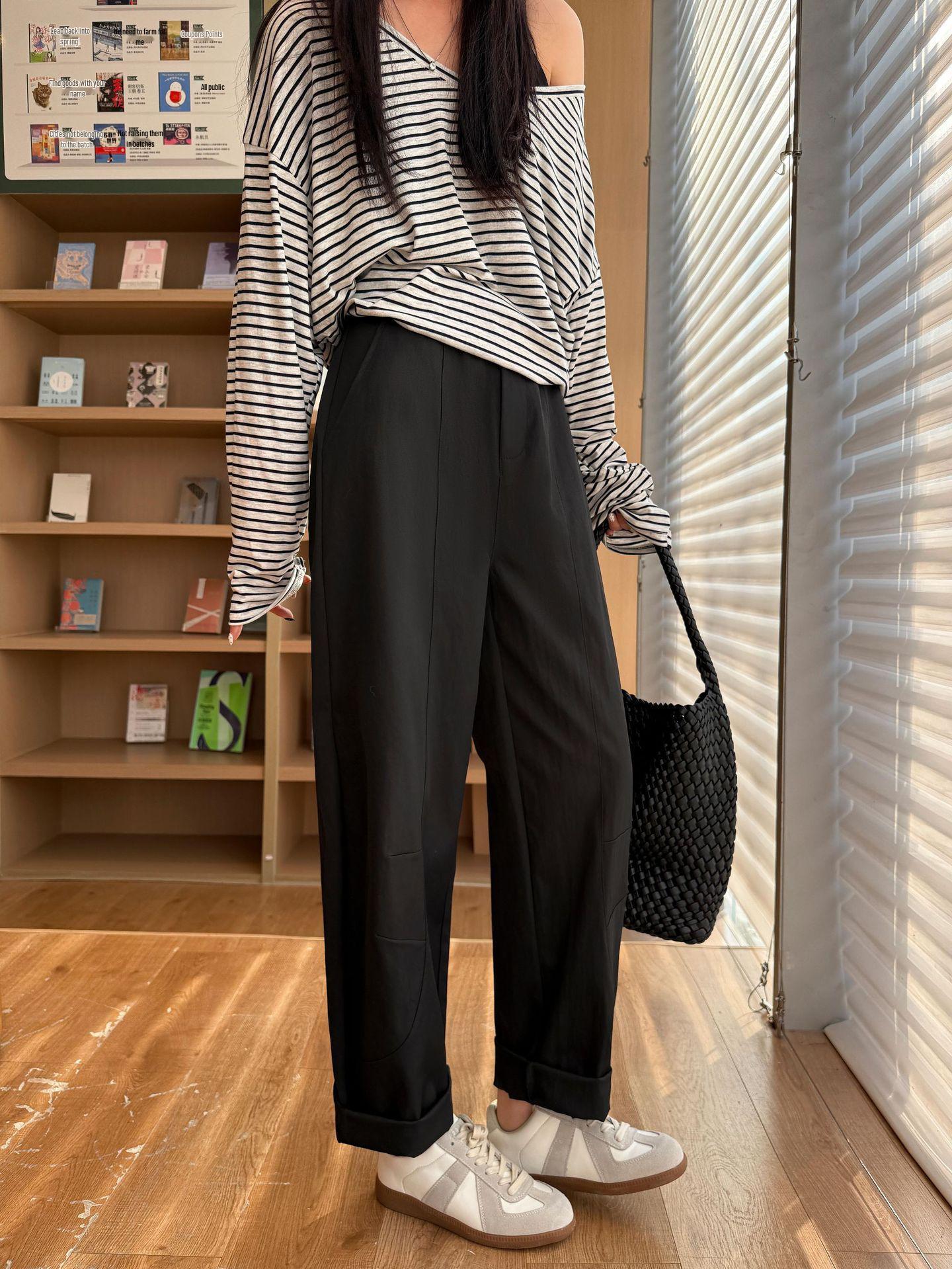 

An Chen Women s Black High-Waisted Cropped Wide-Leg Pants - Early Spring Korean Style Slimming Casual Trousers L чёрный