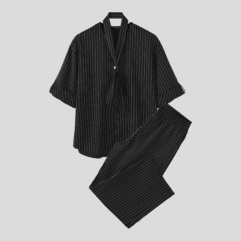 INCERUN 2PCS Men Tie Up Neck Short Sleeve Shirt Long Straight Pants Striped Sets
