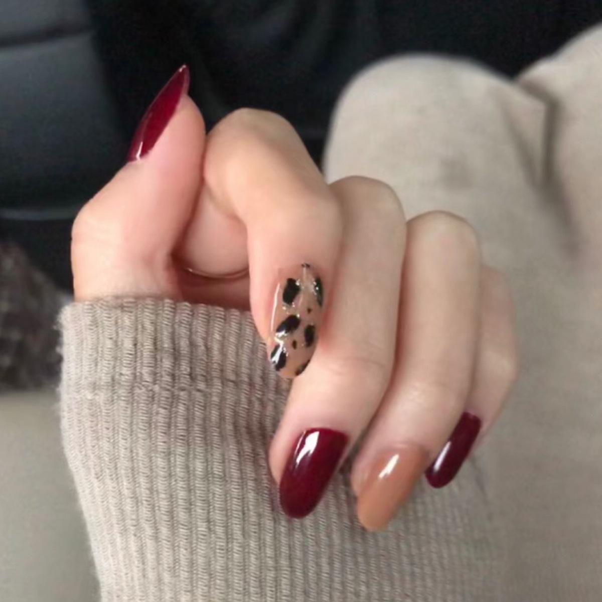 Wine Red Leopard Print Autumn/Winter Waterproof Nail Art Stickers - Removable False Nails/Nail Tips
