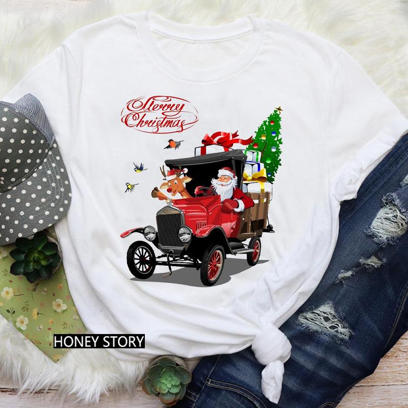 

Kawaii Cartoon Merry Christmas Santa Claus Graphic Women T-Shirt 90S Summer Loose White Short Sleeve O-Neck Ladies Tops Clothing XXXL білий