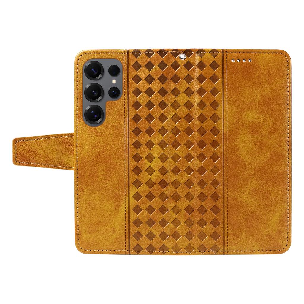For Samsung Galaxy S25 Ultra Leather Case Wallet Stand Grids Imprinted Phone Cover with Strap