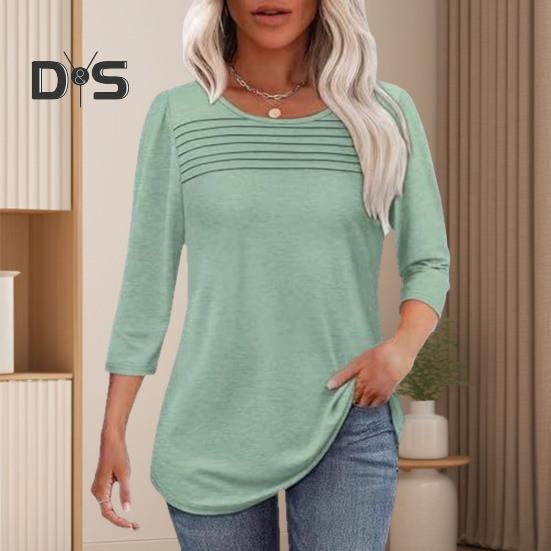 Damen-Oberteile, Rundhalsausschnitt, 3/4-Ärmel, plissierte Bluse, Frühling/Sommer, einfarbig, lockere Passform, lässiges T-Shirt für den Alltag