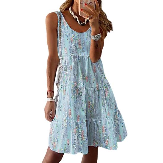 Women's summer casual floral print loose U-neck sleeveless knee-length dress