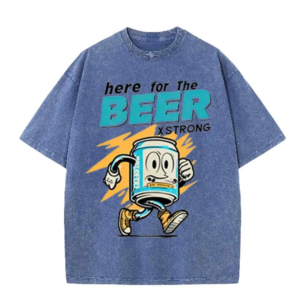 2026 Here For The Beer Retro Cartoon Can Print Unisex T Shirt Vintage Washed Short Sleeve Casual Streetwear Party Tee