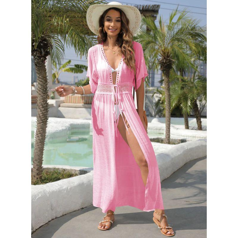 

Fashion Cardigan Lace Patchwork Women s Seaside Vacation Long Beach Dress Sun Protection Shirt Sexy Lace Dress Pink S