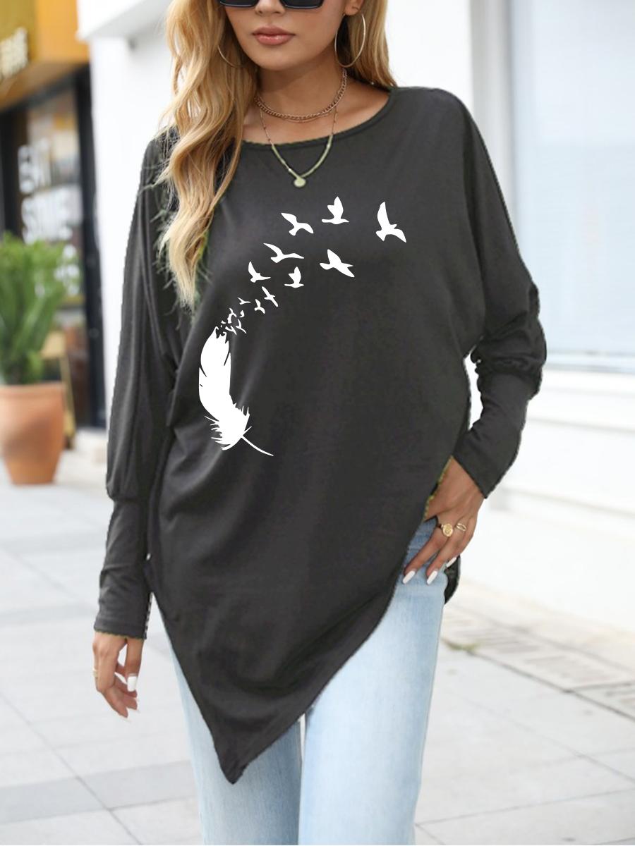 

Женская модная футболка с принтом, с длинным рукавом, женская футболка оверсайз с длинным рукавом, весна/осень, асимметричный подол 5XL серый