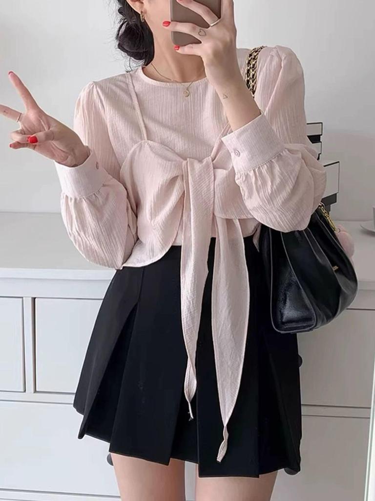 Ribbon Tie Bustier Blouse Set 5COLOR