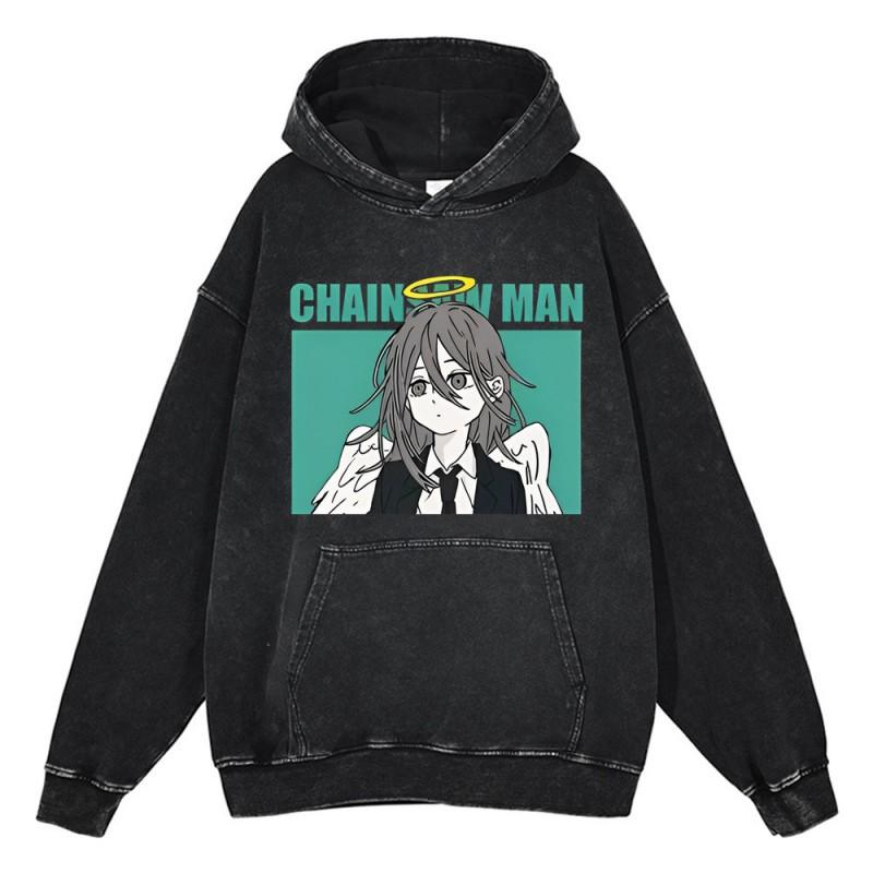 Heavyweight 440g Washed Vintage Denim-Style Anime Hoodie Men Streetwear Casual Sweatshirt