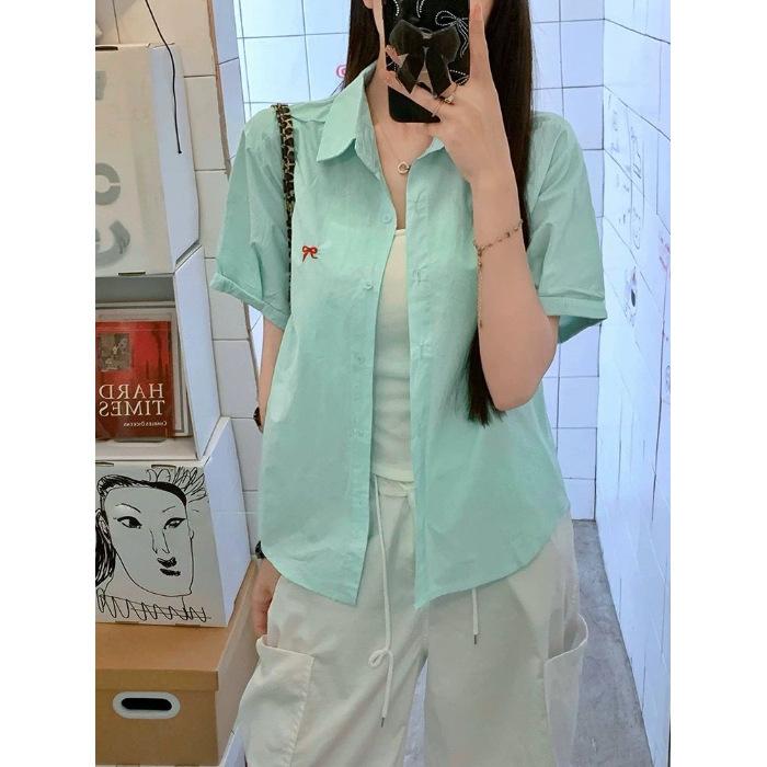 

Рубашка с вышивкой в виде банта, Кардиган с коротким рукавом и воротником поло, Женский летний однотонный топ-рубашка L мятный зеленый