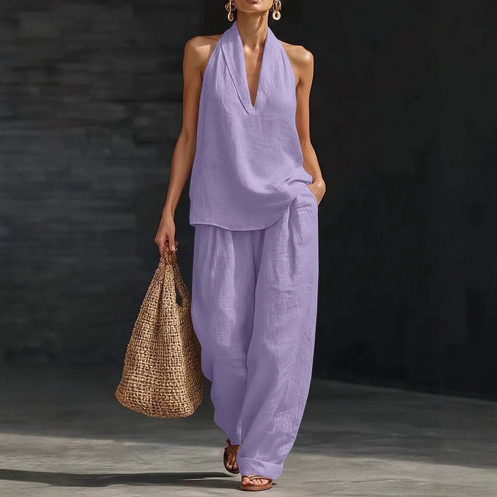 Spot European and American Cross-border Amazon Large-size Women's Set Hanging Neck V-neck Cotton and Linen Blended Commuter and Leisure Two-piece Set