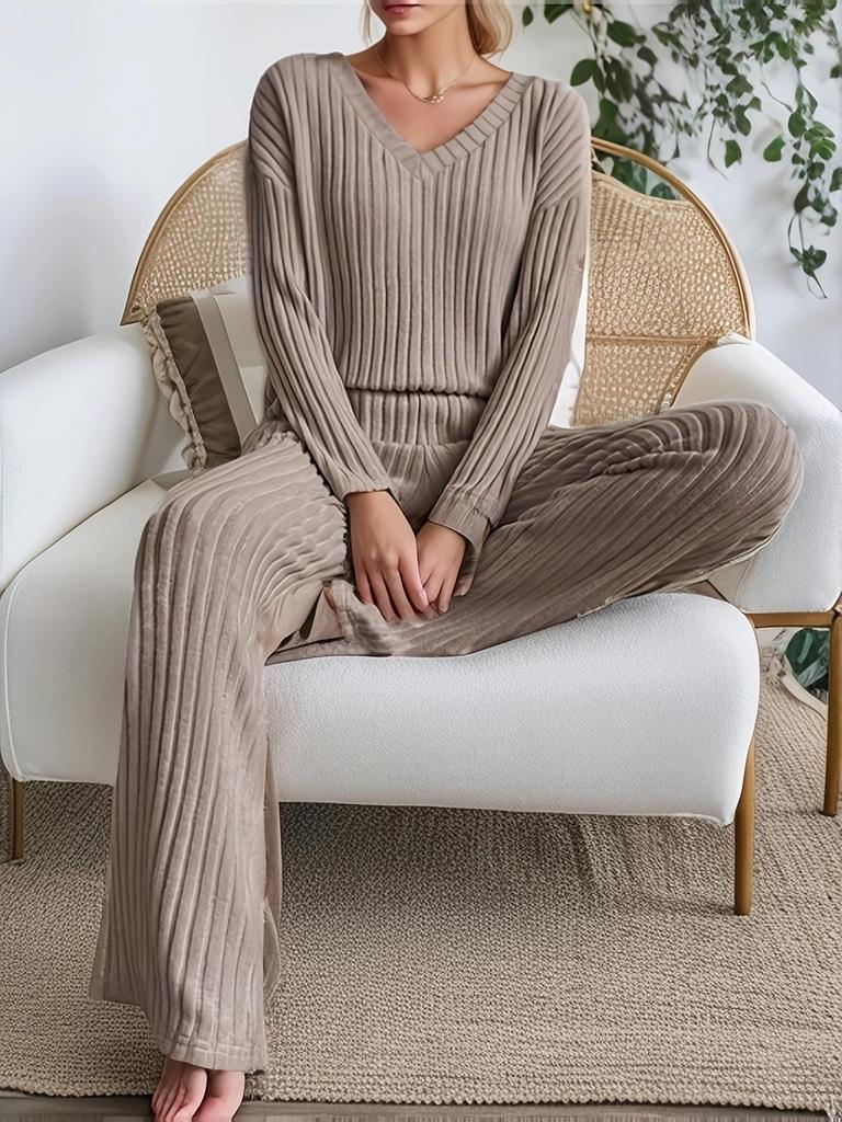 Large Ribbed V-neck Long Sleeve Women's Pant Suit Casual Two-Piece Set - 2025 Autumn/Winter Collection